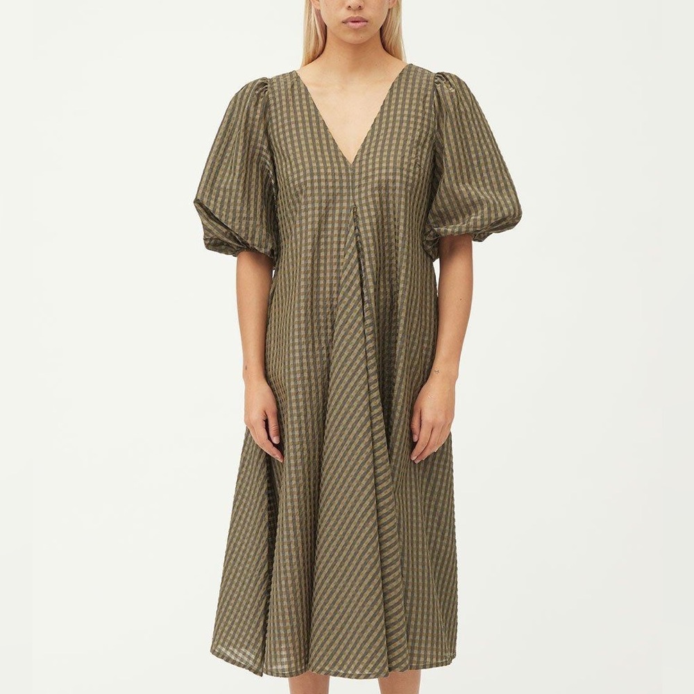 GANNI Seersucker V Neck Dress